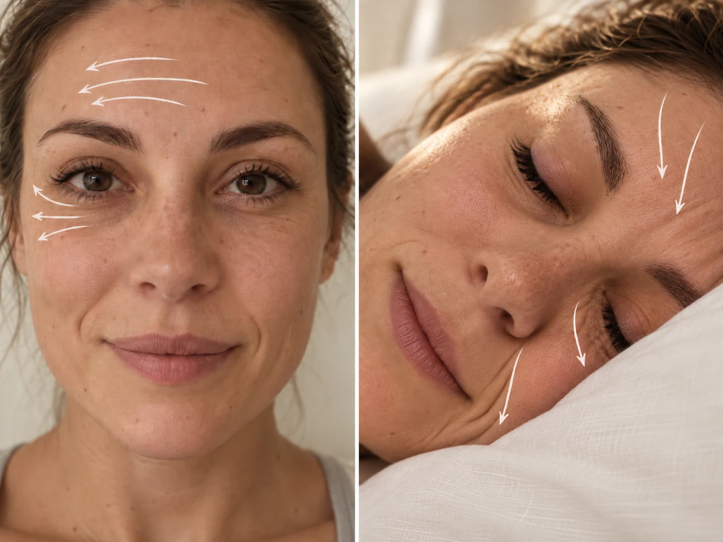 Split comparison: left, a woman's face with arrows showing the upward and outward directions facial muscles move skin during the day; right, the same woman asleep with her cheek compressed into a pillow, arrows showing the overnight compression direction