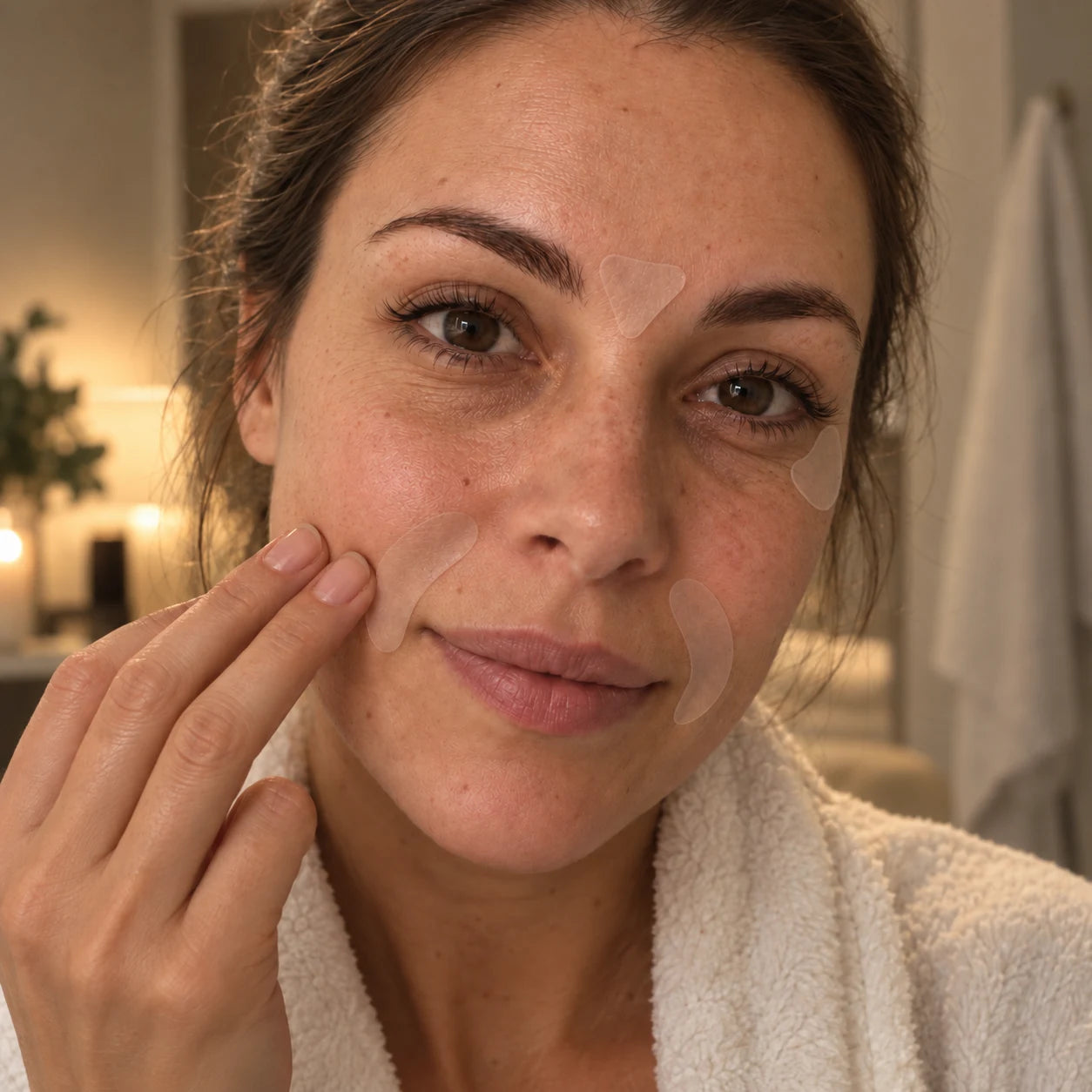 Close-up of a woman applying a Ninkles patch to clean skin before bed