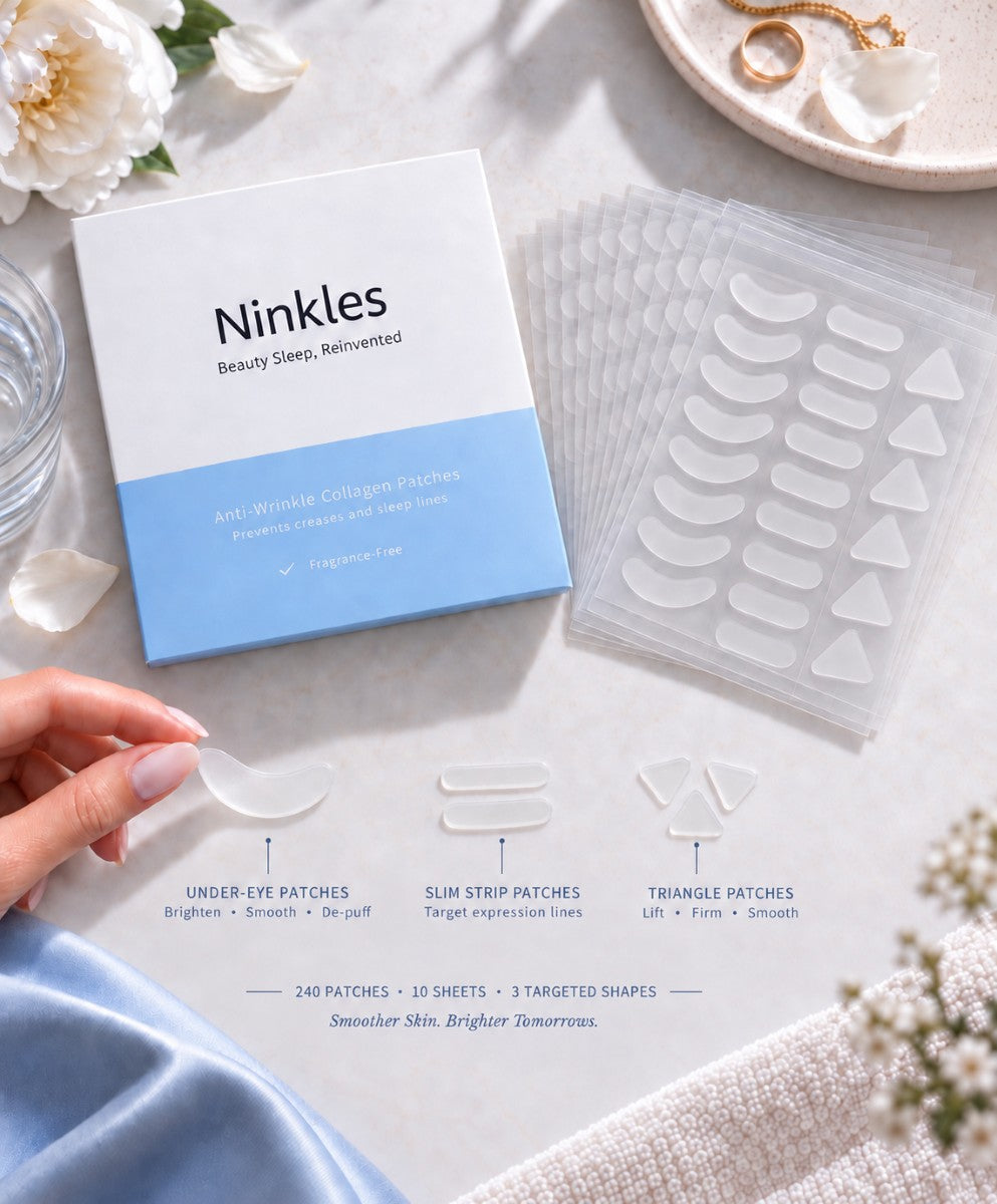 NINKLES patch sheets showing the three targeted shapes: under-eye, slim strip and triangle patches
