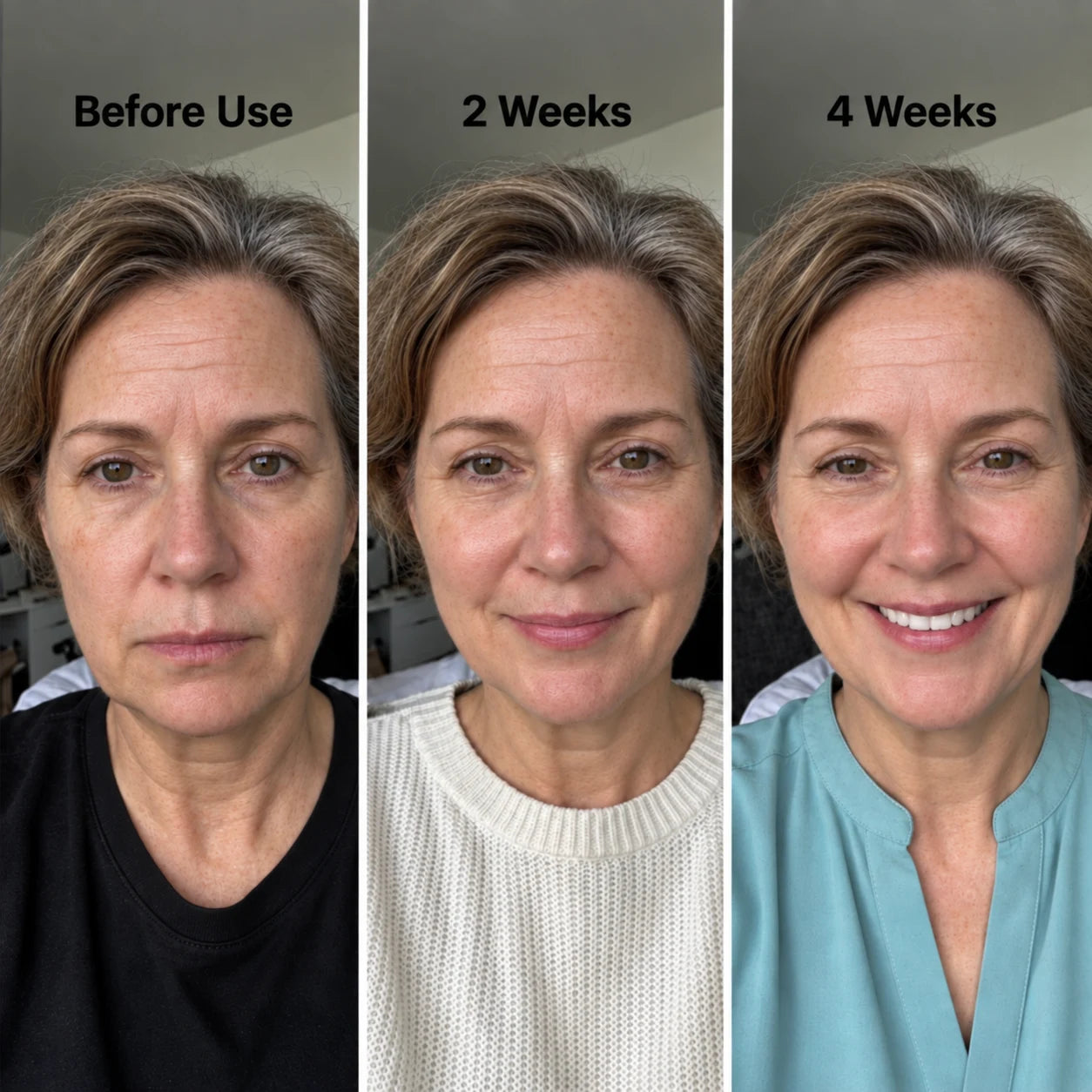 One customer's face photographed before use, at two weeks and at four weeks.