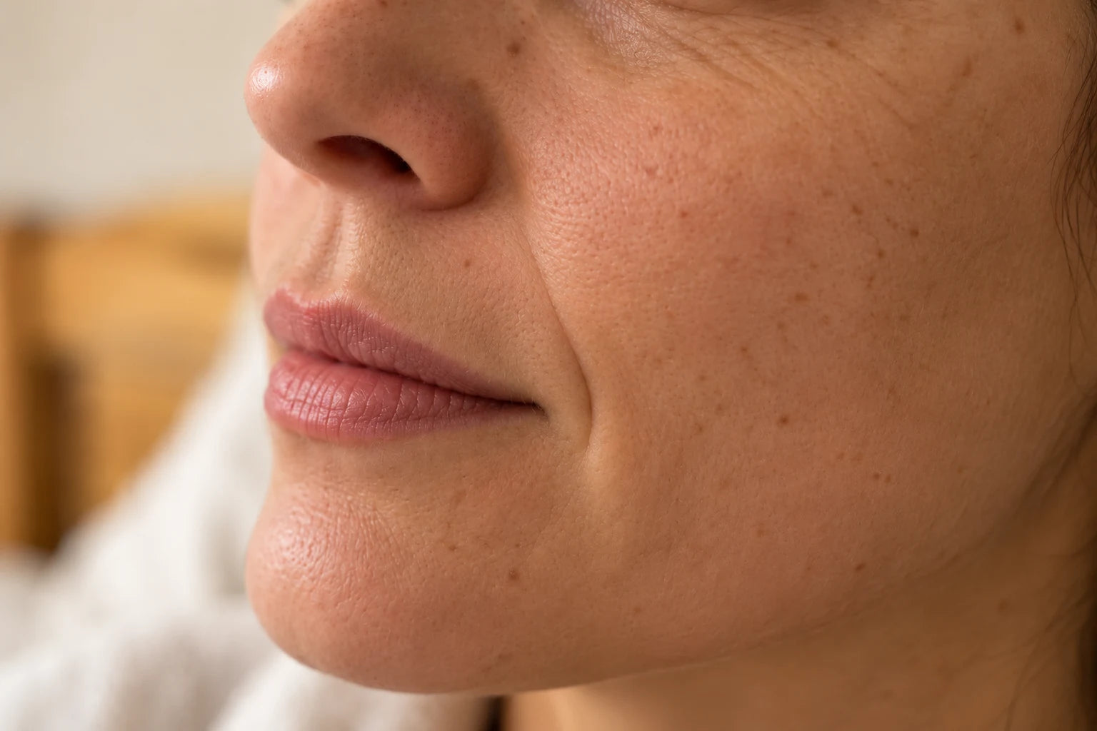 Close-up profile of a woman's nose and mouth, showing the crease running from nose to lip.