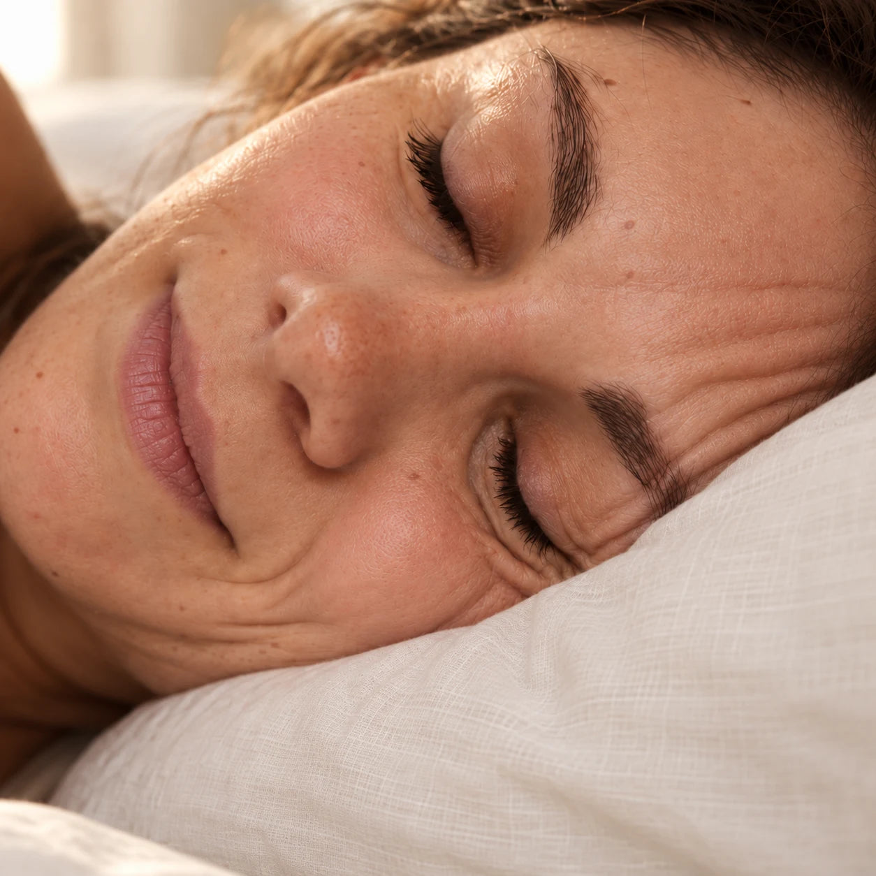 Close-up of a woman's cheek pressed into a pillow, illustrating overnight compression.